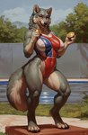 anthro athletic athletic_anthro athletic_clothing athletic_female belly big_breasts black_nose blush blushing_at_viewer bodily_fluids breasts camel_toe cheek_tuft claws clothed clothing curvy_figure ears_up facial_tuft female finger_claws fluffy fluffy_tail fur glistening glistening_body gold_(metal) gold_medal grass grey_body grey_fur holding_object inner_ear_fluff leotard looking_at_viewer medal muscular muscular_anthro muscular_arms muscular_female muscular_thighs navel_outline neck_tuft nipple_outline orange_eyes outdoors plant podium seductive skimpy smile solo standing sweat sweaty_body tan_body tan_fur thick_thighs toe_claws track_and_field tree tuft voluptuous wall_(structure) whisker_spots wide_hips unknown_director canid canine canis mammal wolf hi_res