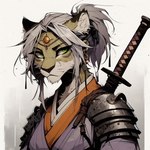 anthro armor clothed clothing female fur green_eyes hair melee_weapon solo sword weapon azure_fur dawn_silverpaw felid lion mammal pantherine 1:1 bust_portrait portrait