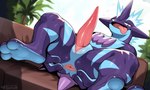 animal_genitalia anthro anus barefoot blue_body feet genital_slit genitals male penis pink_anus presenting presenting_anus purple_body slit solo spread_anus spreading tapering_penis text tongue tongue_out sergalbutt nintendo pokemon generation_8_pokemon low_key_toxtricity pokemon_(species) toxtricity hi_res signature url