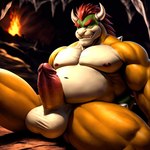 absurd_res anthro balls belly big_penis bowser cave fire genitals grin hi_res horn male nipples pecs penis pup_tobey smile solo