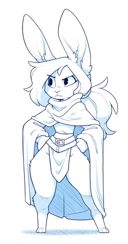 anthro belt bottomwear cloak clothing digitigrade eyebrows female frown hair huge_ears loincloth long_sleeves pantsless ponytail raised_eyebrow short_stack solo toony magicraven lagomorph leporid mammal rabbit hi_res line_art monochrome