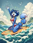 anthro bikini clothing female jewelry open_mouth reaching solo surfboard surfing swimwear water krystal canid canine fox mammal hi_res