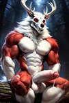 anthro balls bodily_fluids bone forest fur genital_fluids genitals leaking_precum log male muscular night penis plant precum red_body red_eyes red_fur sitting skull skull_head solo tree white_body white_fur wood l649000 wendigo hi_res