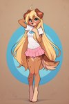 anthro bottomwear breasts clothing female long_legs looking_at_viewer medium_breasts miniskirt shirt skirt solo standing t-shirt topwear foxlover7796 fan_character zofie_(fluff-kevlar) canid canine canis domestic_dog mammal hi_res