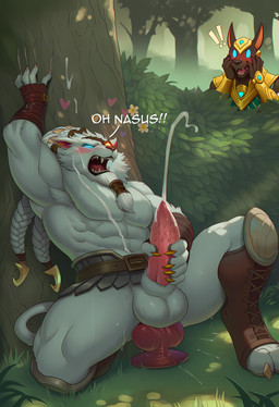 against_natural_surface against_surface against_tree anal anal_masturbation anal_penetration animal_dildo animal_genitalia animal_penis animal_sex_toy anthro armpit_hair armpit_showing balls big_muscles big_pecs blue_eyes bodily_fluids body_hair brown_body brown_fur canine_dildo caught_masturbating claw_marks cum cum_drip cum_on_body cum_on_face cum_on_own_face cum_on_self cumshot dildo dildo_in_ass dildo_insertion dripping ear_piercing ear_ring ejaculation ejaculation_while_penetrated erection eye_patch eyewear feline_genitalia feline_penis fur genital_fluids genitals glowing glowing_eyes hand_on_face male male_masturbation masturbation moan muscular object_in_ass pecs penetration penile_spines penis piercing plant ring_piercing sex_toy sex_toy_in_ass sex_toy_insertion sharp_teeth solo teeth text tree white_body white_fur powerhead_(director) league_of_legends riot_games tencent nasus_(lol) rengar_(lol) anubian_jackal canid canine canis felid jackal lion mammal pantherine absurd_res hi_res