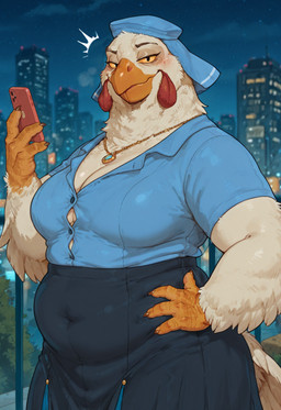 anthro beak belly black_eyes bottomwear breasts city city_background city_skyline claws clothing cloud feathered_arms feathered_tail feathered_wings feathers female hand_on_hip headdress headgear headwear holding_object holding_phone jewelry looking_at_viewer mature_female medium_breasts navel necklace night phone sagging_breasts short_stack skirt slightly_chubby smile smug smug_face smug_look solo star tail_feathers three-quarter_view wings yellow_sclera chamir136_(director) lady_kluck_(robin_hood) avian bird chicken galliform gallus_(genus) humanoid phasianid hi_res