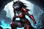 anthro armor blue_eyes breasts canid canine cave cavern cleavage clothed clothing countershade_arms countershade_face countershade_neck countershade_thighs countershade_torso countershading countershading_fur death_knight drakkenfyre female fur fur_tuft grey_body grey_fur ice light mammal markings midriff skimpy solo solo_focus striped_body striped_fur striped_markings stripes tuft unconvincing_armor undead warcraft were werecanid werecanine werewolf winter_background worgen world_of_warcraft