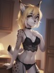 anthro black_clothing black_underwear blonde_hair clothing felid feline female fur grey_body grey_fur hair lingerie looking_at_viewer lynx magacitl mammal pose solo solo_focus underwear