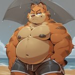 anthro beach belly belly_overhang big_belly big_nipples black_nipples brown_eyes chibi clothing frown hands_behind_back kemono looking_at_viewer male manly musclegut muscular narrowed_eyes nipples pecs raining seaside slightly_chubby solo swimming_trunks swimwear thick_neck toony wet mlaofmd garfield_the_cat domestic_cat felid feline felis mammal tabby_cat detailed