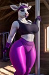 absurd_res anthro athletic bovid bovid_horn bovine bovine_horn bra cattle clothing female fur hi_res horn leonoser mammal purple_clothing seductive solo solo_focus sports_bra sportswear underwear white_body white_fur