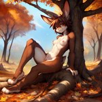 anthro autumn breasts brown_body brown_eyes brown_fur brown_hair female forest fur genitals hair light multicolored_body multicolored_fur nipples nude outside plant pussy sitting small_breasts smile solo sunlight tree two_tone_body two_tone_fur white_body white_fur neutron_alchemist lagomorph leporid mammal rabbit