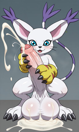 anthro balls big_balls big_penis blush blush_lines bodily_fluids cum cum_on_balls cum_on_ground cum_on_penis cumshot ejaculation female foreskin genital_fluids genitals huge_balls huge_penis hyper hyper_balls hyper_genitalia hyper_penis intersex masturbation penile penile_masturbation penis saggy_balls solo vein veiny_penis yiff_ai_(director) digimon digimon_adventure digimon_(species) gatomon hi_res
