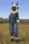 animal_humanoid anthro barefoot big_breasts black_body black_horn black_skin blue_sky bovid bovid_humanoid breasts caprine caprine_humanoid clothing domestic_sheep eyelashes farm feet female field full-length_portrait fur grass hi_res horn humanoid magicalvaporeon mammal mammal_humanoid overalls plant portrait sheep sheep_humanoid side_boob sky smile solo tree wool_(fur)