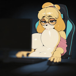 accessory anthro belly clothed clothing computer_keyboard computer_monitor computer_mouse dark_eyes depth_of_field eyewear female fur gaming_chair glasses hair_accessory hair_tie large_breasts narrowed_eyes navel nipple_fetish nipple_play nipple_suck off_shoulder self_suckle sitting solo sucking yellow_body yellow_fur ahogagu animal_crossing nintendo isabelle_(animal_crossing) canid canine canis domestic_dog mammal animated