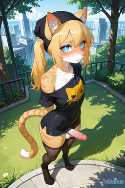 4_toes anthro balls beanie black_clothing blonde_hair blue_eyes city city_background clothed clothing cloud day erection feet femboy flower fluffy fluffy_tail fur furgonomic furgonomic_headwear genitals grass hair hat headgear headwear inner_ear_fluff legwear looking_at_viewer male outside paws penis plant public public_exposure solo stockings striped_body striped_fur stripes tan_body tan_fur toes tree tuft white_body white_fur nillk domestic_cat felid feline felis mammal director_name hi_res