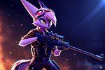 anthro armor clothed clothing dreamkeepers eyewear eyewear_on_head female fur goggles goggles_on_head gun pink_body pink_fur pink_nose ranged_weapon rifle sniper_rifle solo weapon yellow_eyes jhonny09 viriathus_vayu lagomorph leporid mammal rabbit