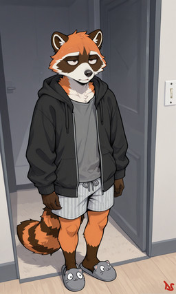 anthro biped black_clothing black_nose black_topwear bottomwear boxers_(clothing) brown_body brown_eyes brown_fur cheek_tuft clothed clothing facial_tuft fingers footwear fully_clothed fur grey_clothing grey_topwear hoodie inner_ear_fluff inside jacket looking_at_viewer male markings multicolored_body multicolored_fur narrowed_eyes open_clothing open_hoodie open_topwear orange_body orange_fur pattern_bottomwear pattern_clothing shirt shoes shorts slippers solo standing striped_clothing striped_markings striped_tail stripes tail tail_markings tired tired_eyes topwear tuft underwear towersmash mammal procyonid raccoon hi_res signature
