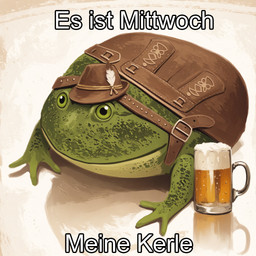 alcohol beer beverage clothed clothing feral green_body hat headgear headwear male mug simple_background solo text white_background thedavid meme_2026 amphibian frog german_text hi_res meme translated