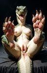 4_toes anthro anus big_feet bodily_fluids breasts claws clitoris cum cum_in_ass cum_in_pussy cum_inside cum_on_feet cum_on_pawpads dark_background digitigrade feet female genital_fluids genitals green_body green_scales looking_at_viewer lying navel nipples on_back open_mouth paws presenting presenting_pussy pussy saliva scales sharp_teeth simple_background solo spikes spread_legs spreading tan_body tan_scales teeth toe_claws toes tongue wrinkled_feet yellow_eyes director_footlover95 lizardman reptile scalie tail absurd_res hi_res