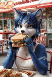 anthro arm_markings blouse blue_body blue_fur clothing crown eating female food fur green_eyes inner_ear_fluff jewelry markings necklace outside restaurant sandwich_(food) solo tiara topwear tuft two-tone_body ironwolfsaber krystal canid canine fox mammal hi_res