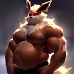 anthro belly big_muscles big_pecs black_nose blurred_background body_hair chest_tuft curiousoxide eeveelution flareon generation_1_pokemon happy_trail hi_res male musclegut muscular muscular_anthro muscular_male navel neck_fluffy nipples pecs pink_nipples pokemon_(species) shirtless shirtless_anthro shirtless_male solo tuft