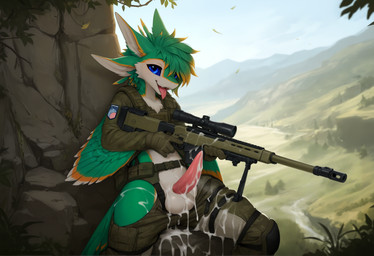 4_ears animal_genitalia animal_penis anthro battlefield_6 blue_eyes bodily_fluids clothing cum cum_covered detailed_background excessive_cum excessive_genital_fluids feather_hair feathers fur genital_fluids genitals green_body green_fur gun hair looking_at_viewer male markings messy messy_hair military_uniform multi_ear open_mouth orange_markings orgasm_face penis pseudo_hair ranged_weapon rifle slim sniper_rifle solo tapering_penis tongue tongue_out uniform weapon white_body winged_arms wings zarey emerald267 avali hi_res