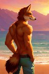 anthro beach black_nose bottomwear butt canid canine canis closed_smile clothed clothing coyote denim denim_clothing detailed_background fur jeans male mammal mountains muscular muscular_anthro muscular_male orange_eyes pants rear_view seaside smile smiley solo tail tan_body tan_fur topless topless_male water