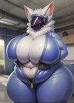 anthro big_breasts blue_clothing bodysuit breasts clothing deep_navel female fur furniture huge_breasts inside looking_down love_handles machine navel neck_fluffy neck_tuft obese overweight protogen pseudochmod rubber rubber_clothing rubber_suit seductive skinsuit solo thick_thighs tight_clothing tuft unzipped white_body white_fur wide_hips