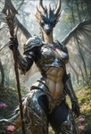 abs anthro armor athletic bikini_armor female flower forest frill_(anatomy) grass grey_body grey_scales head_crest head_frill horn light looking_at_viewer melee_weapon membrane_(anatomy) membranous_wings plant polearm scales solo solo_focus spear spiked_tail spikes spikes_(anatomy) spread_wings tree unconvincing_armor volumetric_lighting weapon wings yellow_eyes fenix_ai dragon lighting