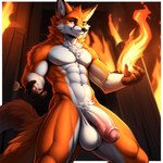 abs anthro balls big_balls big_penis canid canine chest_tuft crotch_tuft fire foreskin fox fur genitals laddarman101 male mammal multi_tail multicolored_body multicolored_fur muscular muscular_male nipples nude nude_male orange_body orange_eyes orange_fur pecs penis solo standing tail tuft white_body white_fur