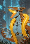 anthro claws cyberpunk eyeless futuristic glowing glowing_tongue grass machine male mechanical_hand mechanical_joints open_mouth orange_body plant science_fiction sharp_teeth solo teeth tongue white_body chilon249 robot hi_res