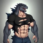 abs agreenfish anthro big_pecs bottomwear clothing denim denim_clothing godzilla godzilla_(series) growth human_to_anthro jeans kaiju male muscle_growth pants pecs scales shirt solo species_transformation t-shirt tight_clothing topwear torn_clothing torn_shirt torn_topwear transformation