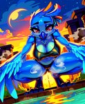 anthro avian beak bird blue_body blue_feathers breasts camel_toe feathers female meme moon nipple_outline non-mammal_breasts professor_harkness_(director) red_eyes sagging_breasts seductive solo star tail_feathers talons tweetfur