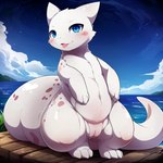 blep blue_eyes blush cloud digitigrade director_motherli dock female feral fur genitals heterochromia hi_res hybrid lake mollusk plump_labia pussy quadruped slightly_chubby slugcat slugcat_(rainworld) solo speckled_body thick_tail tongue tongue_out white_body white_fur