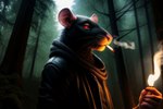 anthro black_body black_fur clothing director_rattlepaw forest fur hi_res jacket leather leather_clothing leather_jacket leather_topwear looking_at_viewer male mammal murid murine plant rat rattlepaw red_eyes rodent skaven smoking solo topwear tree warhammer_fantasy