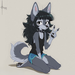 4_toes 5_fingers anthro arm_support bangs black_eyeliner black_eyes black_lips black_nose blunt_bangs bottomwear claws clothing collar countershading_fur feet female finger_claws fingerpads fingers fluffy fluffy_tail fur gesture grey_body grey_fur hair kneeling lips looking_at_viewer pawpads prick_ears punk shadow shirt shorts simple_background solo spiked_collar spikes tail tank_top toe_claws toes tomboy topwear tuft numeradin canid canine canis mammal wolf hi_res