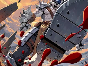5_fingers abs angry anthro armor belt biceps biped blood blue_eyes blue_hair bodily_fluids boots bottomwear clothed clothing cloud electricity fangs fingers footwear fur gloves grey_body grey_fur hair handwear lightning loincloth low-angle_view male muscular muscular_anthro muscular_male open_mouth outside pants pecs sky snarling solo spikes stomping tail teeth topless topless_male tuft vambrace white_body thebigbradwulf brad_wulf_(thebigbradwulf) canid canine canis domestic_dog humanoid husky mammal nordic_sled_dog spitz wolf animated digital_media_(artwork) webm