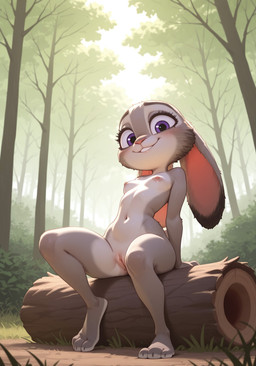anthro blush breasts disney ears_down feet female forest forest_background genitals grass looking_at_viewer nature nature_background nipples pivoted_ears plant pussy shrub sitting sitting_on_log smile solo solo_focus tree cisky zootopia judy_hopps lagomorph leporid mammal rabbit absurd_res hi_res