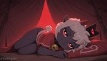 ambiguous_gender anthro bell bell_collar blush cape clothing collar crown fur hair horn laying looking_at_viewer lying on_side pillow red_eyes short_hair short_tail smile smug solo tail tan_body tan_fur tent white_body white_fur white_hair kaltingale_(director) cult_of_the_lamb lamb_(cult_of_the_lamb) red_crown_(cult_of_the_lamb) bovid caprine mammal sheep hi_res