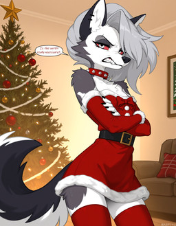 annoyed anthro armwear belt belt_buckle black_nose bow_ribbon breasts canine_nose canine_teeth christmas christmas_clothing christmas_tree claws clothed clothing collar countershade_face countershade_fur countershade_tail countershade_thighs countershade_torso countershading crossed_arms dialogue dress ear_piercing eyebrows eyelashes eyeshadow female finger_claws fingers fur furniture grey_body grey_fur grey_hair hair inside legwear living_room looking_at_viewer makeup multicolored_body multicolored_fur notched_ear piercing plant red_sclera slim small_breasts snarling sofa solo speech_bubble spiked_collar spikes standing text thigh_highs tree tuft white_eyes asp791_(director) hellaverse helluva_boss loona_(helluva_boss) canid canid_demon canine canis demon hellhound mammal wolf absurd_res english_text hi_res signature