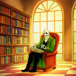 armchair bone book bookshelf chair clothing floor furniture golden_hour green_clothing hole_(anatomy) library male on_chair sitting sitting_on_chair skeleton solo stone_wall tile tile_floor wall_(structure) window yasuhikonsfw deltarune undertale undertale_(series) gaster humanoid hi_res