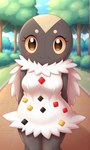 anthro big_eyes breasts clothing dress female fur hands_behind_back looking_at_viewer medium_breasts park scales smile solo gobabsnow nintendo pokemon generation_6_pokemon pokemon_(species) spewpa absurd_res hi_res