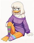 amputee anthro baggy_clothing beak black_eyes breasts clothed clothing disability disney ducktales ducktales_(2017) eyebrows eyeliner female footwear hair legwear long_sleeves makeup membrane_(anatomy) missing_limb off_shoulder on_ground orange_legs pattern_clothing pattern_legwear pattern_socks purple_clothing shirt simple_background sitting smile socks solo sweater tank_top toeless_footwear toeless_socks topwear underwear webbed_feet white_background white_body white_hair white_skin cloud9999 della_duck anatid anseriform avian bird duck full-length_portrait hi_res portrait