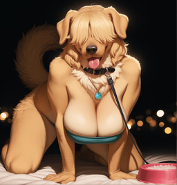 all_fours anthro bdsm bed big_breasts bowl breasts cleavage clothed clothing collar container female female_anthro floppy_ears fluffy fur furniture hair hair_over_eyes leash neck_tuft open_mouth panties pet_bowl petplay roleplay solo tail tan_body tan_fur tongue tongue_out tuft underwear dahskoorb bird_dog canid canine canis domestic_dog golden_retriever hunting_dog livestock_guardian_dog mammal molosser pastoral_dog retriever hi_res