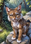 black_sclera cheek_tuft cute_fangs ear_tuft facial_tuft female feral fluffy forest forest_background golden_eyes high-angle_view inner_ear_fluff looking_at_viewer multicolored_body nature nature_background open_mouth pawpads pink_nose pink_pawpads plant pupils short_tail sitting_on_haunches slit_pupils solo tan_body tongue tree tuft two_tone_body whiskers nightdancer zaire felid feline lynx mammal hi_res