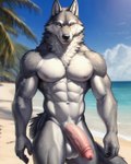 abs anthro balls beach biceps big_balls big_penis black_nose canid canine canis crotch_tuft fur genitals grey_body grey_fur grey_tail humanoid_genitalia humanoid_penis laddarman101 looking_at_viewer male mammal multicolored_body multicolored_fur muscular muscular_male navel neck_tuft nipples nose nude nude_male pecs penis pink_nipples plant red_eyes sand seaside solo standing thick_penis tree tuft vein veiny_penis water white_balls white_body white_fur wolf