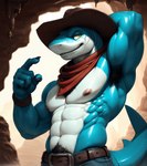 anthro armpit_hair body_hair bottomwear clothing cowboy cowboy_hat fish hat headgear headwear hi_res male marine muscular nikol-ai nipples pants pinup pose pubes scar scarf shark solo solo_focus