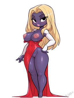 5_fingers anthro areola bedroom_eyes big_breasts big_eyes black_eyes blonde_hair blushing_at_viewer breasts clothing dress eyelashes female fingers front_view genitals hair lips long_dress long_hair narrowed_eyes navel nipples nude pink_areola pink_nipples purple_body purple_skin pussy red_clothing seductive shadow simple_background smile smiling_at_viewer smirking_at_viewer solo standing white_background vince_ai nintendo pokemon generation_1_pokemon jynx pokemon_(species) hi_res signature