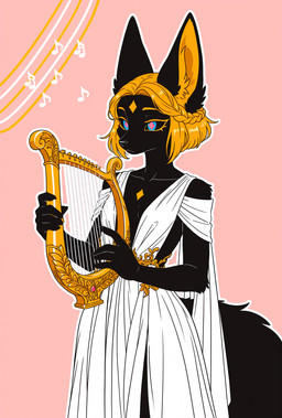 anthro black_body black_fur black_sclera blonde_hair breasts clothing collarbone female fur hair harp markings metallic_hair musical_instrument musical_note pink_background pink_pupils playing_music plucked_string_instrument pseudo_hair pupils simple_background small_breasts solo standing string_instrument white_clothing yellow_markings loren_iipsum canid canine canis domestic_dog mammal hi_res