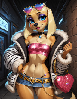 alternative_fashion animal_print anthro bandeau belt black_clothing blonde_hair blue_clothing blue_eyes bottomwear breasts chain choker clothed clothing collar cutoffs denim denim_bottomwear denim_clothing eyelashes eyeshadow eyewear eyewear_on_head female female_anthro fur glasses hair heart_symbol jacket jewelry lipstick looking_at_viewer makeup midriff miniskirt navel necklace pink_clothing purple_eyeshadow purple_makeup purse shorts skirt small_breasts smile solo sunglasses sunglasses_on_head tail tan_body tan_fur topwear tube_top underwear wall_(structure) wide_hips yellow_body gridanon brandy_harrington canid canine canis domestic_dog hunting_dog mammal sighthound hi_res stable_diffusion